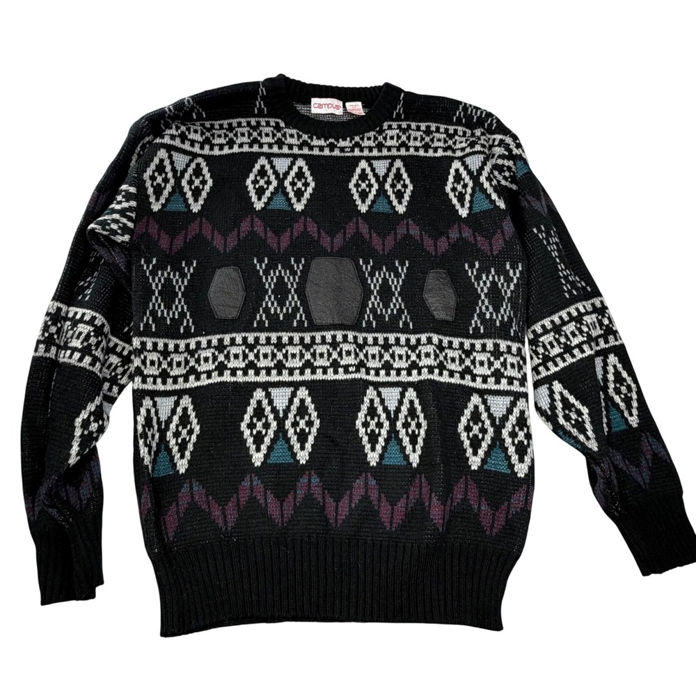 VTG Campus Tall LT‎ Leather Elbow Patch Fair Isle Knit Sweater Nordic 90s